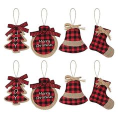 plaid christmas ornaments are hanging on the wall