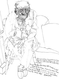 a black and white drawing of a man sitting in a chair