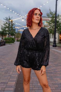 Take your style to the next level with this showstopping Chloe Black Sequin Romper! Featuring all-over black sequins. This piece will have you looking and feeling like a million bucks. Everybody will be turning heads and asking where you got it - ta-da, it's all you, babe! Sizing: Fits true to size Small- 2/4, Medium- 6/8, Large- 10/12 Model is a size Small wearing her true size Black Sequin Romper, Sequin Rompers, Black Sequins, Chloe, Turning, Sequin, Rompers, Your Style, Turn Ons