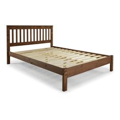 a bed frame with wooden slats and no headboard or foot board is shown