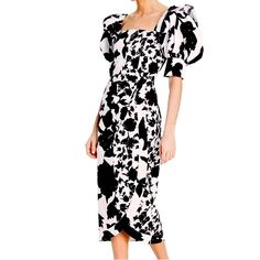 Nwot Black And White Floral Christopher John Rogers C Target Dress. So Cute And Flattering Just Haven’t Had An Event To Wear This To. Size 2 Spring Midi Dress For Night Out With Square Neck, Spring Midi Dress With Square Neck For Night Out, Spring Square Neck Midi Dress For Night Out, White Midi Dress With Square Neck For Night Out, Elegant Black And White Summer Dress, Black And White Midi Dress For Summer Evenings, White Fitted Midi Dress With Puff Sleeves, Fitted White Midi Dress With Puff Sleeves, Black And White Evening Mini Dress For Summer