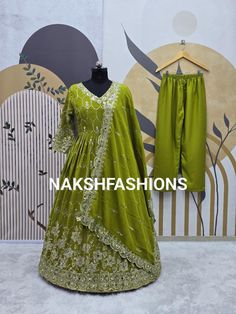 Fabric Detail* 🧵 👗 *Gown Fabric* :Pure Heavy  Chinnon Silk With *Full Heavy Embroidery Sequence Work* With Real Mirror Hand Work With*Full Sleeve*  👗 *Gown Inner* : Micro Cotton Fully  ✂️📏*SIZE*:XL(42) *(Fully Stitched Ready To Wear)* 👗 *Gown Length* : 54-55 Inches  👗 *Gown Flair*     : 3 Meter  👗 *Bottom Fabric* : Micro Cotton  ( *Fully Stiched*) With elastic  👗 *Dupatta Fabric* : Pure heavy Chinnon Silk With Embroidery Sequence Work With Real Mirror Hand Work Four Side Less Border Embroidered Georgette Set In Maxi Length, Embroidered Georgette Maxi Length Set, Long Georgette Sets With Zari Work, Floor-length Set With Zari Work For Eid, Floor-length Sets With Zari Work For Eid, Long Sets With Zari Work In Georgette, Embroidered Maxi Length Sets For Navratri, Diwali Embroidered Maxi Length Set, Long Sets With Zari Work In Chinon