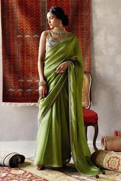 Shop for Punit Balana Green Organza Silk Saree With Blouse for Women Online at Aza Fashions Marodi Work Blouse, Olive Green Saree, Marodi Work, Self Assured, Farewell Saree, Green Sari, Punit Balana, Polki Choker, Simple Saree Designs