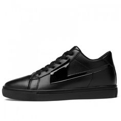 Low Top Elevator Leather Sneakers for Men Increase Height 3.2inch / 8cm Black Lift Board Shoes Sporty Black Lace-up Leather Shoes, Black Skate Shoes With Rubber Sole And Flat Heel, Black Skate Shoes With Rubber Sole, Black Patent Leather Lace-up Shoes, Black Low-top Lace-up Shoes With Rubber Heel Cap, Casual Sneakers With Height Increasing Insole And Round Toe, Black High-top Lace-up Shoes, Black Patent Leather Low-top Lace-up Shoes, Casual High-top Patent Leather Sneakers