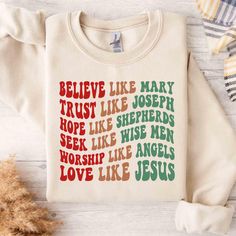 Christian Christmas Sweatshirt, Believe like Mary Christmas Faith Shirt, Christmas Jesus Shirt, Christmas Gift For Christian Religious Gifts ----------------------------------------------------------------- ** How to order? ** 1. Please check all pictures and choose your T-shirt Size and Color. 2. Choose your quantity as much as you want. 3. Please enter custom Design Color and Personalization Box (if applicable) 4. PLEASE secure all steps of your order 5. After You add your note, Please Click "Proceed to Checkout" After selecting the order, please check the address and parameters again. Product Details:✨  INFORMATION  We offer a variety of shirts: * Adult Unisex Tee: 5.3-ounce, 100% cotton (99/1 cotton/poly (Ash) & 90/10 cotton/poly (Sport Grey), 50/50 cotton/poly (Dark Heather) Made with Jesus Christmas Shirts, Christian Christmas Gift Ideas, Christian Christmas Shirt Ideas, Christian Christmas Tshirt, Diy Christmas Shirt, Christian Christmas Shirts, Christmas Shirt Designs, Christian Christmas Gifts, Jesus Christmas Shirt