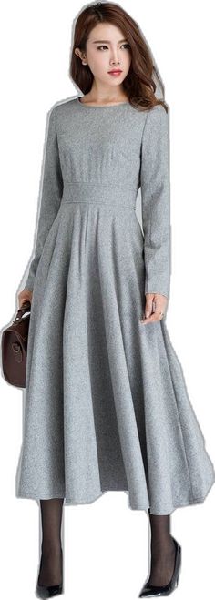 Winter Pleated Long Sleeve Dress, Gray A-line Winter Dresses, Elegant Full Skirt Dress For Fall, Solid Pleated Midi Dress For Winter, Formal Full Skirt Dresses For Fall, Winter Long Sleeve Fit And Flare Dress, Elegant Knee-length Winter Dresses, Winter Fit And Flare Dress With Long Sleeves, Fit And Flare Long Sleeve Winter Dress