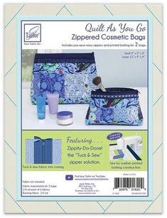 the sewing pattern for quilt as you go zippered cosmetic bag is shown in blue and white