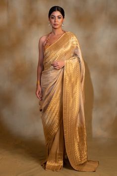 Beige silk georgette saree with silver dots handcrafted pattern. Comes with an unstitched blouse. - Aza Fashions Gold Silk Saree, Saree Gown, Tissue Saree, Plain Saree, Beige Silk, Silver Silk, Gown Pattern, Sketches Dresses, Indian Inspired