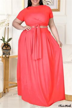 Olivia Mark - Fluorescent Pink Plus Size Two-Piece Solid O-Neck Casual Fashion Set Orange V-neck Sets For Spring, Orange V-neck Spring Set, Spring Orange V-neck Set, Spring Solid Color V-neck Sets, Big Size Dress Mothers, Big Size Dress Casual, Pink Plus Size, Plus Size Elegant Dresses, Big Size Dress