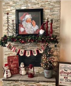 a mantel decorated with christmas decorations and stockings