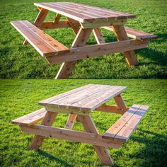 two wooden picnic tables sitting on top of green grass