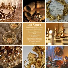 a collage of photos with gold jewelry and other items in them, including an ornate crown