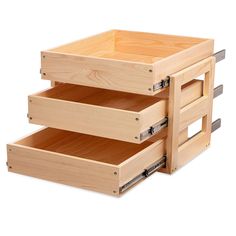 three wooden drawers stacked on top of each other with one open drawer in the middle