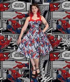 Top Seller for Spider-Man Comic book Multiverse print 50's style Halter neck dress Shirred, Dresses Spider Man Comic, Miss Mosh, 50's Style, Halter Neck Dress, Spiderman Comic, Halterneck Dress, Made From Scratch, 50s Fashion, Top Seller