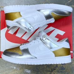 Selling A Pair Of Deadstock Nike Wmns Dunk Low Se Silver Gold Metallic Shoes! Good / White - Silver Women’s 11.5 / Men’s Us 10 / Uk9 / Eu 43 Nike Id Dh4403-700 Please Check Size Before Purchasing. Click Add To Bundlebelow To Receive An Offer! Combine Items And Save On Shipping! Sporty Silver Custom Sneakers For Sports, Silver Sneakers With Metallic Logo For Streetwear, Metallic Sneakers With Round Toe For Streetwear, Metallic Round Toe Sneakers For Streetwear, Silver Custom Sneakers With Boost Midsole For Sports, Sporty Custom Silver Sneakers For Sports, Silver Custom Sneakers For Sports With Round Toe, Silver Custom Sneakers With Round Toe For Sports, Metallic Sneakers With Reflective Details For Streetwear