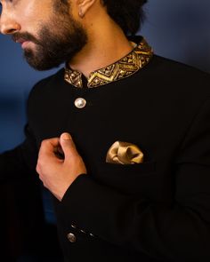 Forever Classic Bandhgala Set - Contrast by Parth A classic bandgala set in black made with exquisite metallic detailing on collar. Included in purchase: Bandhgala, Pants Product Specification Color: Black (can be customized) Fabric: Suede Occasion: Formal Event, Wedding, Bridal, Reception Style: Tuxedo Designer: Contrast by Parth Care: Dry Clean Only Work: Hand Embroidered ( Variation in color, fabric & detail is possible. Model images are only representative.) This can be customized in any color, size or style of your choice. ** Please contact us at 19257910374 for customization options. Delivery time for customized outfits is 4 - 6 weeks. Prince Coat, Black Japanese, Add Sleeves, Black Patch, Indian Wedding Wear, Wear Store, Embroidered Collars, Classic Suit, Tuxedo For Men