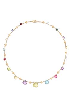 A rainbow of semiprecious briolettes interspersed with hand-engraved 18-karat-gold nuggets brightly details a delicate chain-link necklace. 16" length Lobster clasp closure 18k gold/tourmaline/topaz/amethyst/quartz/rhodolite/iolite Made in Italy Marco Bicego, Jewelry Accessories Ideas, Gold Nugget, Delicate Chain, Station Necklace, Amethyst Quartz, Chain Link Necklace, Link Necklace, Hand Engraving