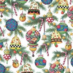 christmas ornaments and candy canes are hanging on the tree branch in this colorful pattern