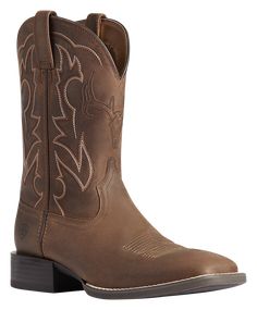 A comfortable and sturdy Ariat cowboy boot for sportsmen, the Sport Outdoor Western Boots for Men deliver proven Ariat performance with a great look. A design that's ready for riding, work, or fun, the Sport Outdoor features a full-grain leather foot and upper with a comfortable synthetic mesh lining inside. On the outside, this sharp looking boot features 6-row stitching and an embroidered deer skull in the front for a great look. Under the feet, the Sport Outdoors cushions every step with ligh Rustic Moto Boots For Western-themed Events, Rugged Snip Toe Riding Boots, Sturdy Brown Western Boots, Brown Sturdy Western Boots, Western Sturdy Moc Toe Boots, Western Moc Toe Sturdy Boots, Brown Boots Men, Ariat Mens Boots, Cowboy Boots Men