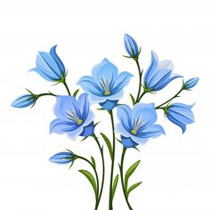 blue flowers with green stems on a white background