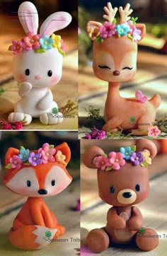 four different pictures of small figurines with flowers in their hair and one has a fox