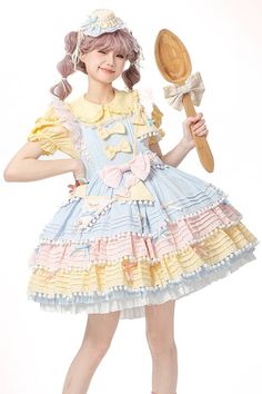 Fabric: Cotton Color: Blue/Pink/Yellow Feature: Multi-Layered, Ruffle, Bowknot Style: Sweet Include: Dress*1 (Any of the accessory is not included.) Size (IN) Bust Waist Length S 33.07-40.94 - 35.43-37.01 M 37.01-44.88 - 36.22-37.80 L 40.94-48.82 - 37.01-38.58 Size (CM) Bust Waist Length S 84-104 - 90-94 M 94-114 - 92-96 L 104-124 - 94-98 Pink Yellow Blue Outfit, Kawaii Ruffle Dress For Garden Party, Cute Multicolor Dress With Ruffle Hem, Playful Pastel Dresses With Ruffles, Cute Doll Collar Dress With Patchwork, Cute Yellow Dress For Garden Party, Cute Multicolor Ruffled Dress, Cute Pastel Ruffled Dresses, Sweet Yellow Sleeveless Dress