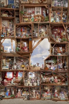 a large wooden shelf filled with lots of different types of toys and figurines