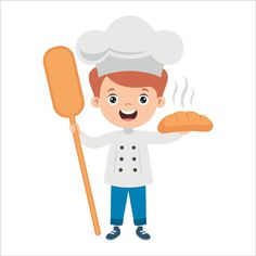 a boy holding a loaf of bread and a spatula