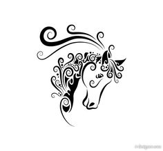 a black and white drawing of a horse's head with swirls on it