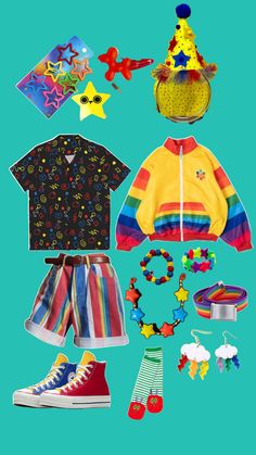 I’m just making fit ideas I wish I had these clothes 😭 Clowncore Outfit, Kid Core Outfits, Rainbow Clown, Kidcore Clothing, Clown Outfit, Silly Clothes, Rainbow Outfit