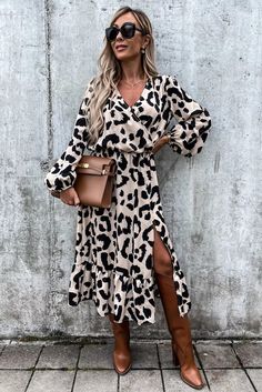 Wrap V Neck Leopard Midi Dress with Ruffled Hem Long Sleeve Midi Dress With Ruffles For Date Night, Fall Midi Dress With Ruffle Hem For Brunch, Casual Flowy Ruffle Dress For Fall, Long Sleeve Midi Dress With Ruffles For Brunch, Long Sleeve Midi Dress With Ruffles For Day Out, Chic Long Sleeve Leopard Print Dress, Long Sleeve Leopard Print Maxi Dress For Spring, Chic Midi Dress With Ruffle Hem For Fall, Fall Ruffle Hem Maxi Dress For Day Out