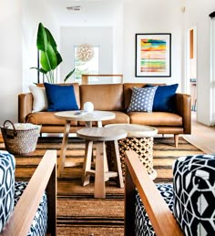 a living room filled with lots of furniture next to a painting on the wall above a coffee table