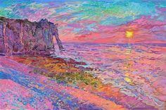 An impressionist oil painting of the sunsetting over the ocean near the white cliffs of Etretat Erin Hansen, Books Wall, Monet's Garden, Lily Painting, Normandy France, Learn Art, Soul Art