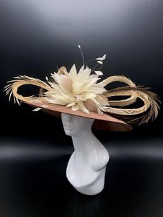 Custom Kentucky Derby hat - you pick the style you like! This style consists of a sinamay hat base, father flower, and a pheasant feather bow. Custom Formal Hat For Kentucky Derby, Custom Hat For Kentucky Derby, Chic Brown Boater Hat For Kentucky Derby, Fitted Hat For Fashion Events In Spring, Handmade Fitted High Crown Mini Hats, Fitted Brown Hat For Kentucky Derby, Kentucky Derby Fashion Event Fascinator, Handmade Fitted Mini Hat With High Crown, Chic Brown Hats For Kentucky Derby