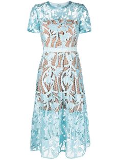 light blue guipure lace round neck concealed rear hook and zip fastening short sleeves fitted waistline belted waist flared skirt straight hem partial lining mid-calf length Skirt Straight, Self Portrait Dress, Opera Gloves, Look Short, Guipure Lace, Lace Midi, Lace Midi Dress, Blue Midi Dress, Emilio Pucci