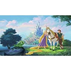 disney princess and prince on horse in front of castle