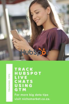 a woman is texting on her phone while sitting in an outdoor cafe with the words hubspot live chats using gtm