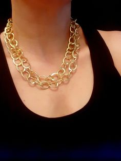 Oversized Matte Gold Link Necklace / Double Layer Chunky Choker / Statement Jewelry for Women / Birthday Gift Party Jewelry With Double Chain Link, Party Double Chain Link Jewelry, Double Chain Link Necklace For Parties, Party Link Chain Necklaces, Costume Jewelry Chain Necklace With Chunky Chain Link, Party Necklace With Adjustable Chain Link, Party Necklaces With Chunky Chain Links, Chunky Link Chain Necklace For Party, Chunky Chain Link Necklace In Costume Jewelry