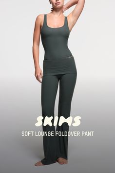 This soft, smooth, and stretchy ribbed pant features a throwback-inspired flare with a foldover waistband. | SKIMS Foldover Pants | Green | XS | Soft Lounge Foldover Pants Outfit, Foldover Pants, Fold Over Pants, Skims Outfit, Wishlist 2024, Visual Language, Pants Green, Christmas Wishlist, Deep Sea