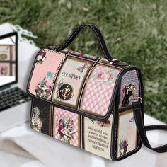 To all the Alice in Wonderland fans, here is a bag you can personalize with your favorite Alice quotes and have your name on the bag. This beautiful Alice in Wonderland bag is the perfect accessory for any classic literature fan! Crafted with a combination of canvas and PU leather, this victorian style crossbody handbag is as stunning as it is practical. The main compartments are lined with a soft fabric to keep your belongings safe and secure, while the adjustable straps make sure that you can Fantasy Bags, Alice In Wonderland Bag, Alice Quotes, Ipad Storage, Disney Tote Bags, School Bag College, Business Briefcase, Disney Handbags, Disney Bag