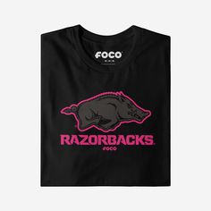 a black t - shirt with the razorbacks logo on it and pink lettering that says razorbacks