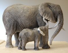 an adult and baby elephant standing next to each other on top of a white surface