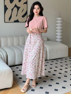 Pink Boho Collar   Floral,Plants,All Over Print  Embellished Non-Stretch Summer Women Clothing Japanese Women Casual Wear, Floral Skirts Summer, White And Pink Clothes, Pink Summer Outfits Casual, Outfit With Pink Skirt, Pink Top With Skirt, Outfits Con Rosa, Simple Skirt Outfits, Girly Korean Outfits