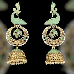 Peacock meenakari jhumka earring in sea green color with pearl and meena details. This Indian statement jhumka  earring Is perfect to pair with any outfits and occasions.  All orders Ship same day if placed before 4:00 PM EST  Create beautiful memory for any occasion with elegant jewelry for your loved ones You will receive carefully packaged items in jewelry box, ready to give memorable gift  to your Wife, mother, sister  friend or collegue. All orders will be shipped  out in 1 business day aft Bollywood Style Peacock Design Chandbali Jewelry, Bollywood Style Round Peacock Design Jewelry, Kundan Danglers With Peacock Design, Peacock Design Earrings For Navratri, Peacock Design Earrings For Navratri Festival, Temple Jewelry Style Peacock Design Jhumkas, Temple Jewelry Style Jhumkas With Peacock Design, Temple Jewelry Peacock Design Jhumkas, Navratri Festive Earrings With Peacock Design