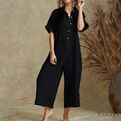 Lasaky - Seductive Short-Sleeve Jumpsuit- Wide-Legged, Casual, Loose-Fitting,All-in-One Jumpsuit- Seeking Franchise Opportunities Vintage Romper, Jumpsuit Casual, Loose Jumpsuit, Elegante Casual, Short Sleeve Jumpsuits, Casual Summer Shorts, Short Sleeve Romper, Moda Plus, Work Wear Women