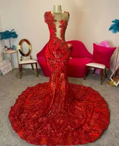 Banquet Dresses With Long Sweep Train, Banquet Dress With Long Sweep Train, Red Prom Season Banquet Dress, Formal Red Dress With Long Train, Red Formal Dress With Long Train, Red Fitted Gown With Long Train, Long Train Dress For Banquet And Prom Season, Red Mermaid Dress With Fitted Bodice For Banquet, Red Mermaid Dress With Sweep Train For Banquet