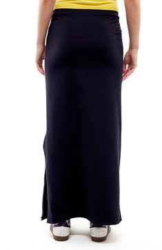 Achieve sporty style in this 2000s-inspired column skirt that has contrast piping and side slits for easy movement. 23" - 38" center front length (size Medium) Elastic waist Side slits Unlined 79% polyamide, 21% elastane Machine wash, line dry Made in Turkey Black Fitted Skirt With Split Hem, Black Pencil Skirt With Side Slits, Black Stretch Full-length Pencil Skirt, Full-length Stretch Maxi Skirt With Side Slits, Full Length Stretch Maxi Skirt With Side Slits, Black Full-length Elastane Maxi Skirt, Fitted Maxi Skirt With Side Slits And Split Hem, Black Stretch Skirt With Side Slits, Stretch Pencil Skirt With Side Slits