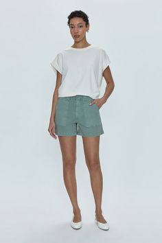 Marissa High Rise Utility Short - Bluff Mid-rise Relaxed Fit Shorts With Patch Pockets, Relaxed Fit Mid-rise Shorts With Patch Pockets, Mid-rise Utility Cargo Shorts For Spring, Casual Green Bermuda Shorts For Spring, Olive Spring Shorts, Green Relaxed Fit Bermuda Shorts For Spring, Relaxed Fit Khaki Shorts With Patch Pockets, Casual Mid-rise Cotton Cargo Shorts, Casual Cargo Shorts With Patch Pockets For Work