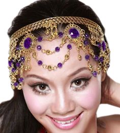 Arabian Nights Metal Head Piece with Jewels - PURPLE Gold Crown Costume Hat, Gold Rhinestone Headpieces For Party, Gold Mardi Gras Costume Hats And Headpieces, Adjustable Gold Costume Accessories, Gold Adjustable Costume Hats For Carnival, Gold Headband For Costume, Traditional Gold Costume Hats For Party, Traditional Gold Headpiece For Parties, Gold Crown Headpiece For Halloween