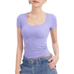 Pumiey Women's T Shirts Short Sleeve Scoop Neck Basic Going Out Tops Fashion Slim Fit Tee Smoke Cloud Pro Collection, M Amazon Price: $24.98 Size: Medium Color: Haze Blue By Manufacturer (Appear More Of A Lavender To My Eyes) Bust: 36-39" Waist: 28-31" Length: 20.1" Smoke Cloud Collection Products Made With C110tm Fabric, The New Drop's Fabric Is More Smooth, And Creamy. With Some Special Tech, Even The Light Colors Won't Be Sheer. Scoop Neck Top From Pumiey, Which Is Made From A Lightweight And Fitted Purple Crew Neck T-shirt, Purple Stretch Crew Neck Top, Casual Purple Scoop Neck Top, Trendy Lavender Short Sleeve T-shirt, Trendy Purple Short Sleeve T-shirt, Fitted Lavender Short Sleeve Top, Trendy Purple Stretch T-shirt, Trendy Stretch Purple T-shirt, Fitted Basic Purple Top